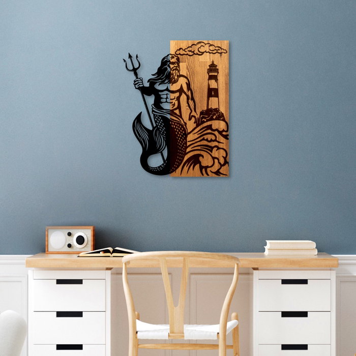 Wallity Poseidon - Escultura de pared de madera y metal en nogal y negro